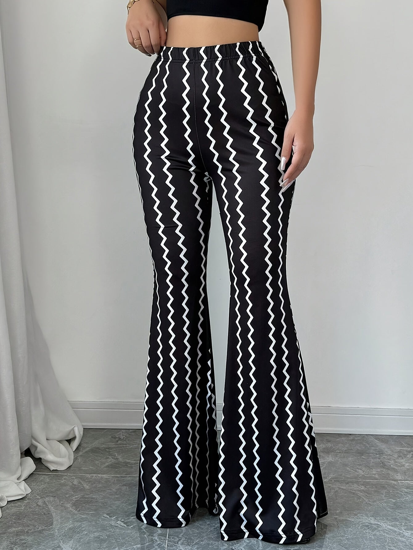 Women's Elegant High-Waisted Flare Pants - Black & White Striped Bell Bottoms with Herringbone Pattern, Machine Washable Polyester Blend for Spring/Fall, Ladies Pants